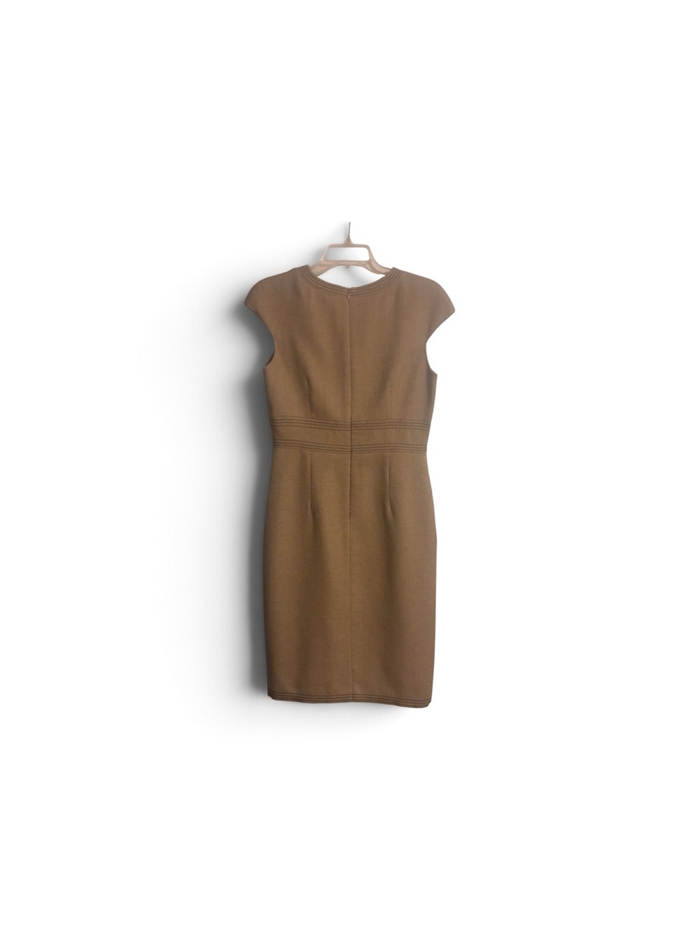 David Meister Tan Cap Sleeve Sheath Dress with Waist Stitching